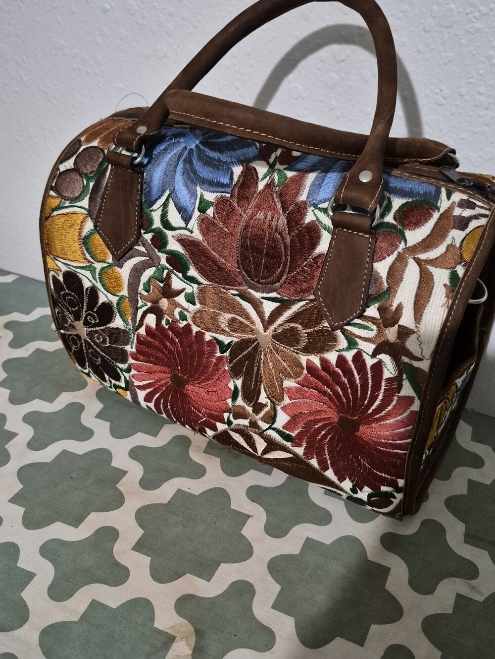 Floral Embroidered Brown Suede Handle Satchel New